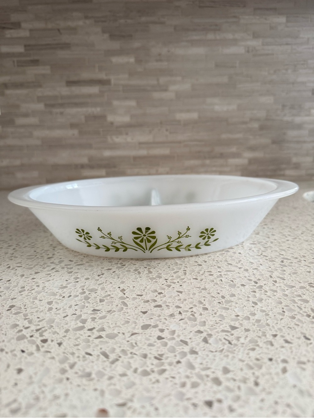Vintage Glasbake Milk Glass Primrose Dream White Green Floral Serving Bowl J2352